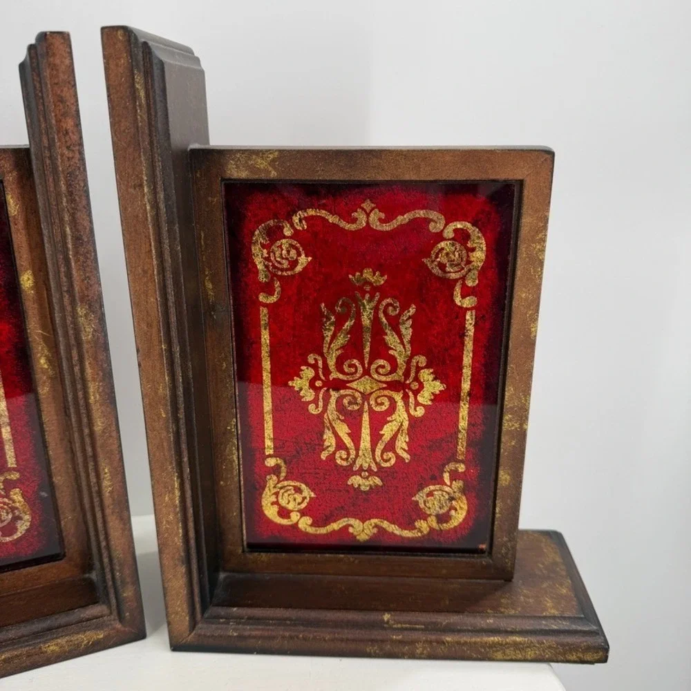 Kirklands Red Gold Bookends Set Ornate Baroque Wood Decorative‎ Shelf Pair